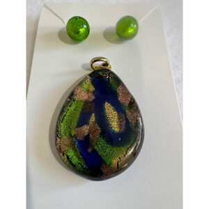 Unbranded murano art glass Pendant & stud earrings Blue Green gold